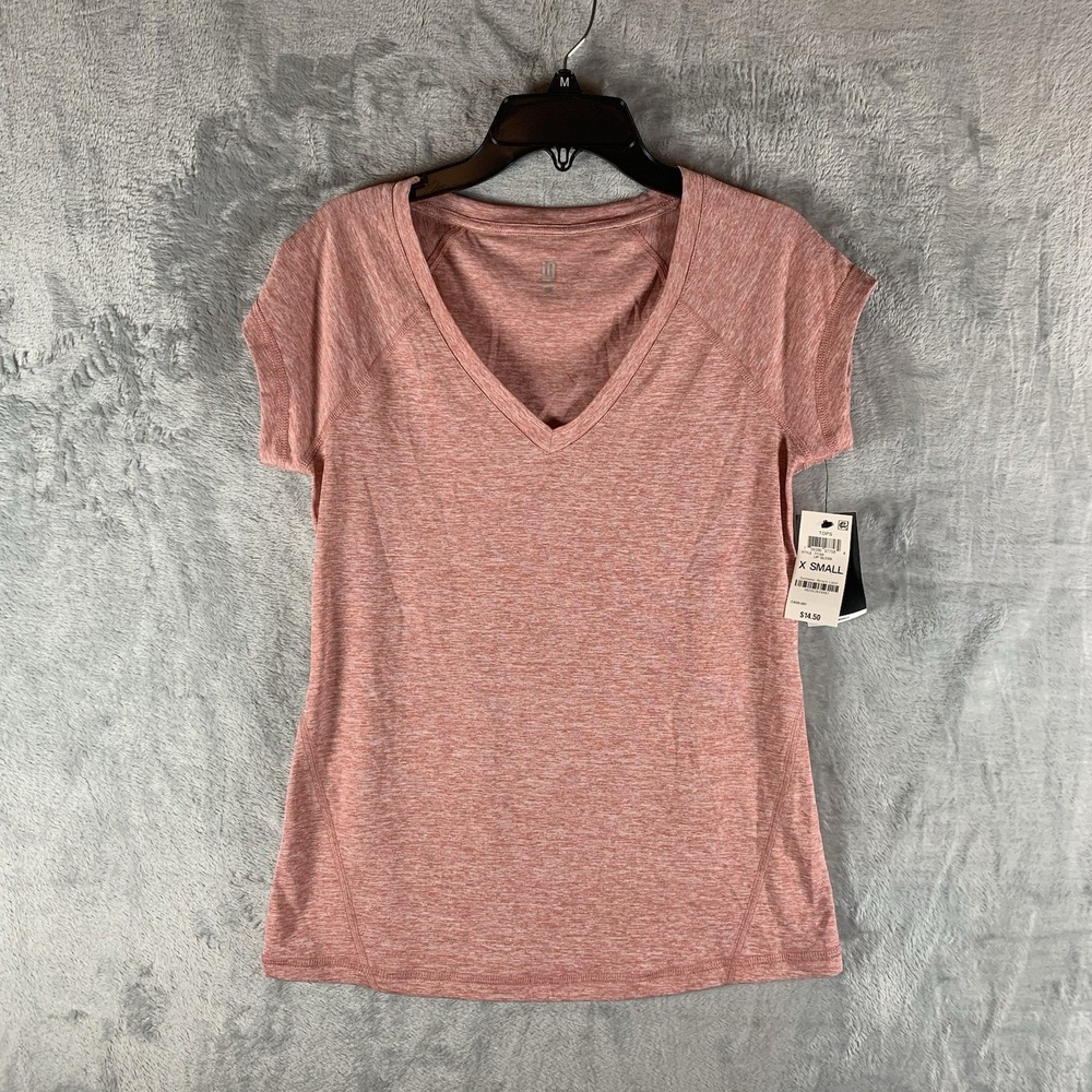 Ideology Women's Top XS V Neck Shirt Performance Lip Gloss Pink Short Sleeve NWT